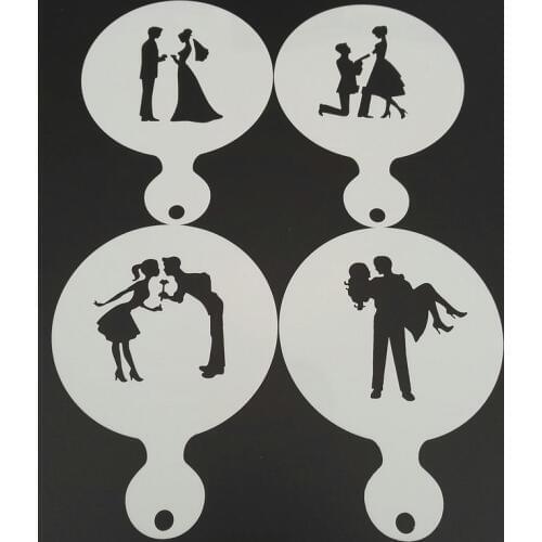 4pcs Wedding Plastic Coffee Stencil DIY Cookie Latte Art Milk Cappuccino Template Mold Cake Tools Cafe Accessories