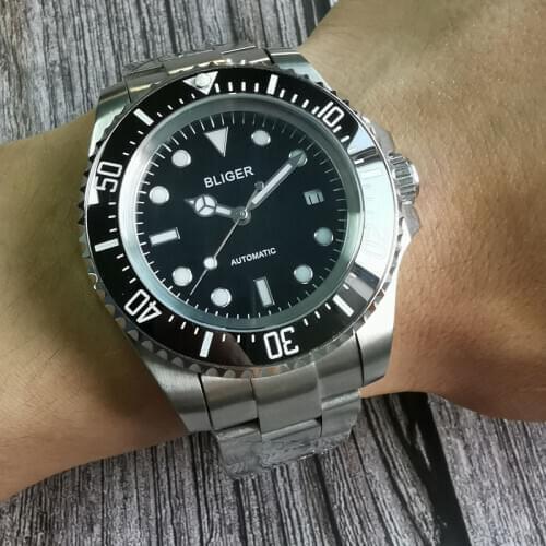 44mm Bliger Black Dial Luminous Ceramic Bezel Stainless steel NH35 Date Automatic Mens Watch