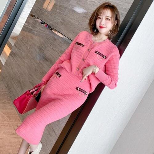 European Trend Checkered Pattern Contrast Color Striped Knitted Cardigan + High Waist Half Skirt Suit