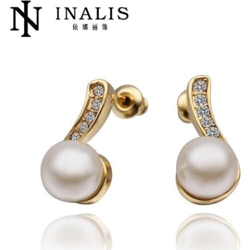 INALIS Prongs CZ and Simulated Pearl Double Sided Stud Earrings Rose Gold Color Jewelry For Women E485