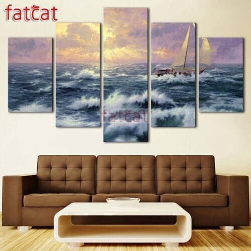 FATCAT Sea sailing landscape 5 Panel Diy Diamond Painting Full Square Round Drill Diamond Embroidery Sale Decoration AE2459