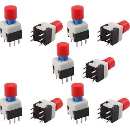 8 x 8mm Red Round Cap Self Lock Push Button Tact Tactile Switch 6 Pin PCB