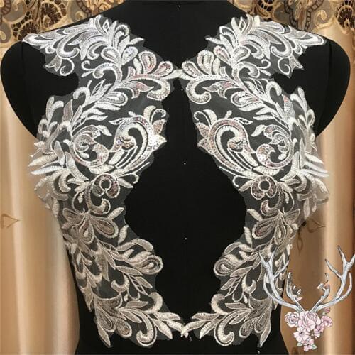 2Pair 17X37cm Delicate Wedding Sequins Head Ornaments Body Lace Applique Ivory Dress DIY Lace Trim Dress DIY Lace BD0127
