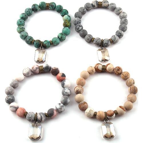 MOODPC Fashion Jewelry Bracelets 10mm Frosted Natural Stone and Glass Crystal Charm Pendant Bracelets