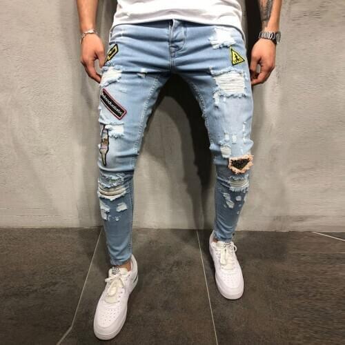 JAYCOSIN Mens Stretchy Ripped Skinny Biker Jeans Destroyed Slim Fit Denim Pants Mens Elastic Waist Harem Pants Men Jogger A1126