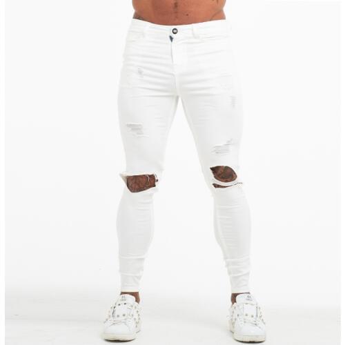 GINGTTO Mens Skinny Jeans White Ripped Stretch Jeans for Men Elastic Waist Distressed Jeans Pants Athletic Body Building zm60
