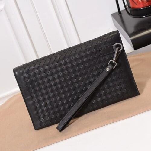 Men Fashion Genuine Leather Cowhide Woven Clutch With Hand Strap Large Capacity High Quality Luxury Designer Casual Wallet Purse
