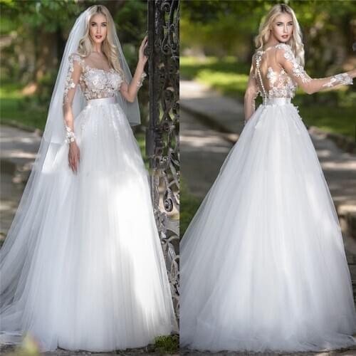 Formal Spring Women Scoop Long Sleeves Lace Appliques White Wedding Dresses Bridal Gowns Custom Princess Robe De Mariee