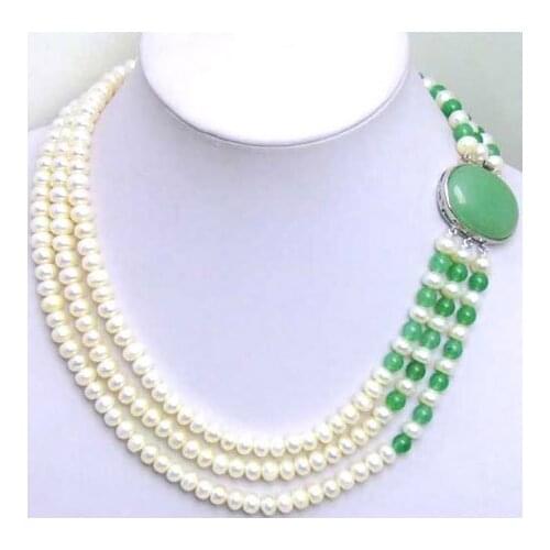 Women Fashion Jewelry 6-7mm White natural freshwater flat Pearl 3 Strands neckalce with Big Green gem Clasp