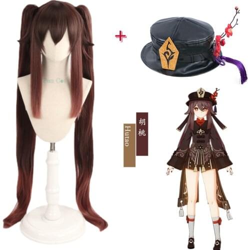 Game Genshin Impact Hutao Cosplay Wig Hat Anime Heat-resistant Fiber Hair + Free Wig Cap Chinese Style Halloween Party Role Play