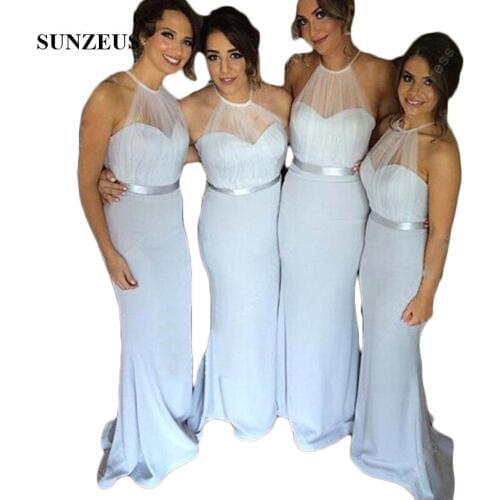 Halter Mermaid Wedding Party Dress for Girls Light Blue Pleat vestido de dama de honra Sheer Tulle Top Dress Wedding Guest S289