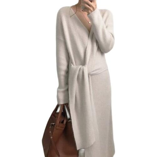 Comelsexy Korean Autumn And Winter Elegant V-neck Cross Side Strap Waist Mid-calf Knitted Sweater Dress For Women 2020 Vestidos