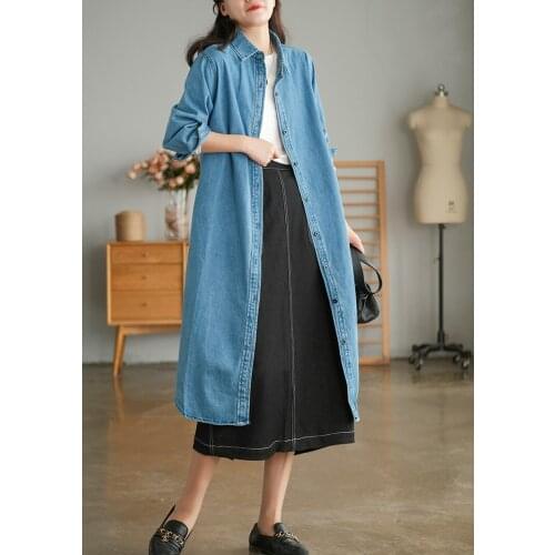 21New Women Denim Shirts Autumn Vintage Solid Color Loose Asymmetric Single-Breasted Female Long Coats Cotton Fashion