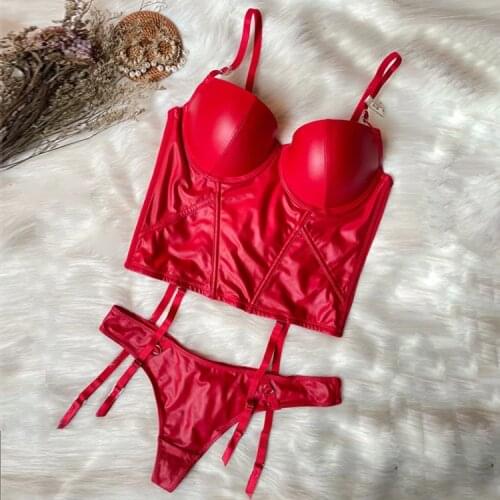 Sexy glossy pu leather gathering crop top women lingerie briefs cortical bone dress body sculpting abdomen underwear bralette