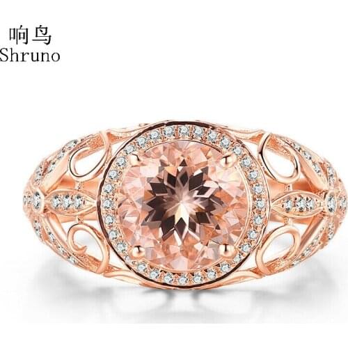 Shruno Solid 10K Rose Gold Flawless Round 2.15CT Morganite Diamonds Engagement Ring For Women Classical Style Fine Jewelry Gift