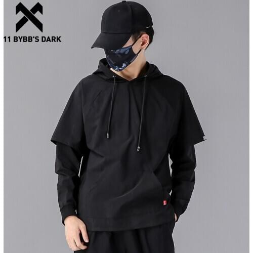 11 BYBBS DARK Dark Fake Two Harajuku Hoodie Men Hip Hop Streetwear Hoodie Sweatshirt Man 2021 Spring Patchwork Cotton Pullover