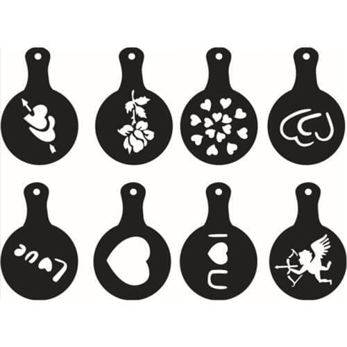8Pcs/Set Plastic Cappuccino Coffee Barista Stencils Template Strew Heart Pad Duster Spray
