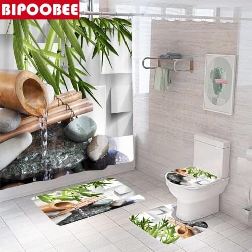 Zen Stone Bamboo Leaf Shower Curtain Set Durable Non-slip Carpet Bath Mats Flowing Water Pattern Bathroom Curtains Toilet Cover