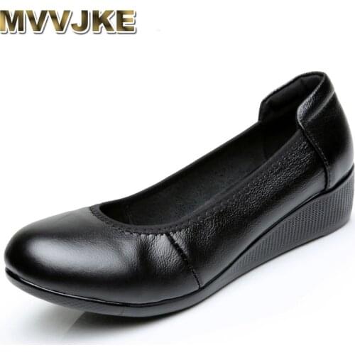 MVVJKESummer Black Wedges 4cm Heel Ballet Flats Women Genuine Leather Shoes Silp-On Flat Work Office Shoes Comfortable Women