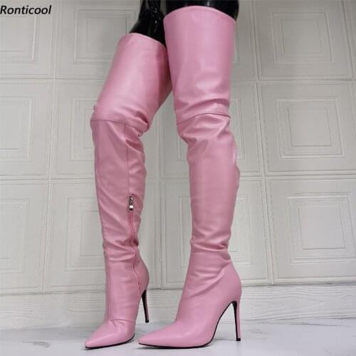 Ronticool High Quality Women Winter Thigh High Boots Side Zipper Stiletto Heels Pointed Toe Pretty Pink Shoes Women Us Size 6-15