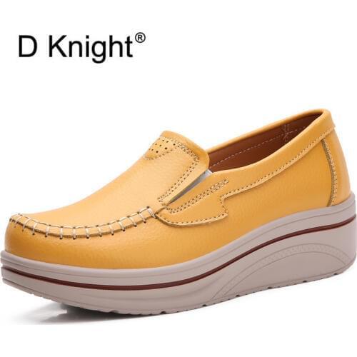 New 2020 Spring Womens Pumps Shoes Woman Genuine Leather Wedges Creepers Single Casual Shoes Mother High Heels Platform Shoes