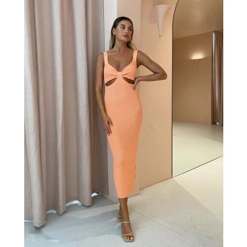 Women’s Suspender Strap Ribbed Dress Elegant Solid Color Cutout Hollow Split Mid-length Dress Party Club Ladies Slim Sling Dress