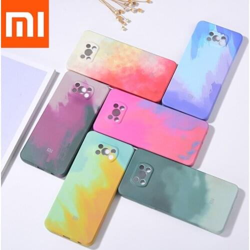 Liquid Silicone Square Watercolor Case For Xiaomi Mi Poco X3/X3 NFC Painted Colorful Gradient Soft Full Cover Coque Fundas
