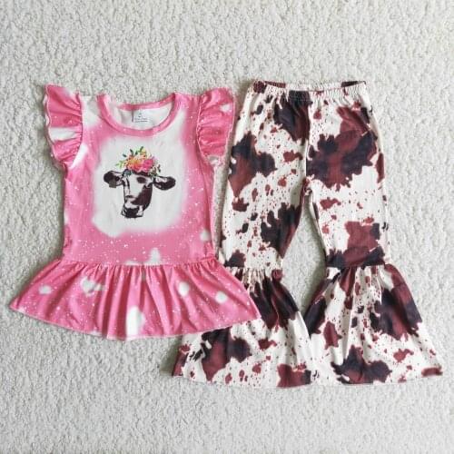 2021 Lovely RTS wholesale childrens fashion boutique set toddler girls short sleeve and Cows bell bottoms Fall Spring Outfits