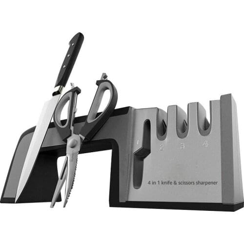 4 in 1 Knife Sharpener Ceramic Kitchen Knife Shears Scissors Sharpening Tools Diamond Coated Non-slip Base Stainless Steel