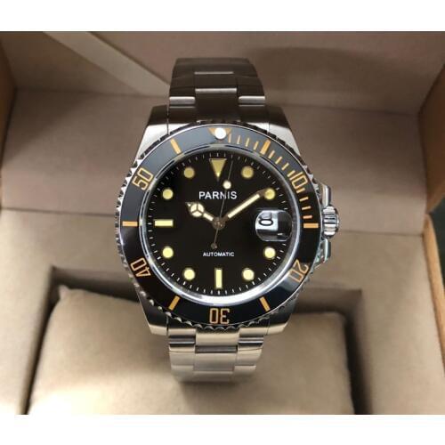 40mm PARNIS Sapphire Crystal Automatic machinery movement luminous mens watch black rotateing Ceramic bezel PA162-P8