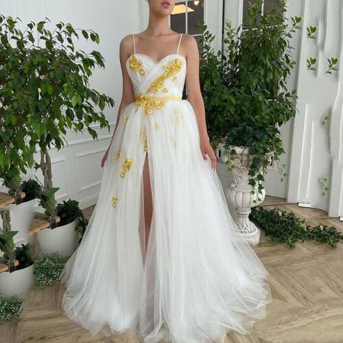 Modest Gold Lace White Boho Wedding Dress Robe de Mariage Spaghetti Straps Beach Wedding Gowns Split Side Vintage Bridal Dresses