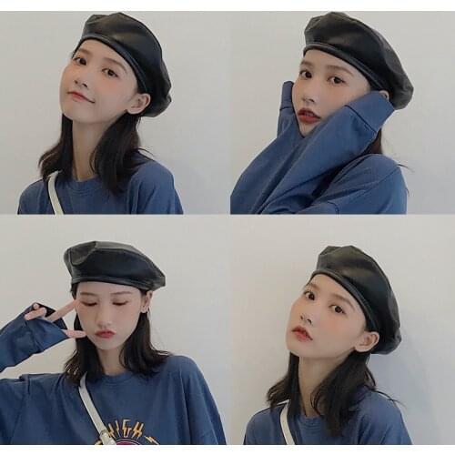 Beret Women Pu Leather Hat Octagonal Beret Hat Spring and Autumn Japan Retro British Pumpkin Hat Painter Hat