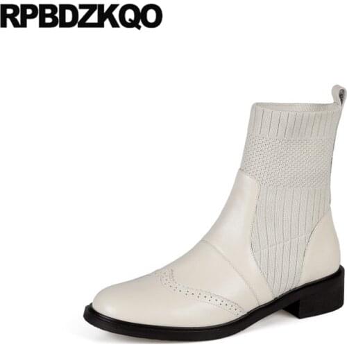 Size 34 Black Girls Flat Knit Stretch Shoes Beige Women Ankle Boots 2021 Round Toe Japanese Fall Genuine Leather Brogue Sock New
