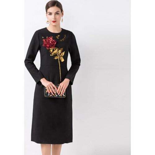 Black Casual Luxury Sequined Dresses Women European Office Lady Wearing New Autumn 2021 Elegant Rose Pattern Midi Dress