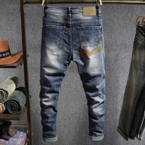 Hole Ripped Patch Design Jeans Men High Street Embroidery Zipper Denim Trousers Spliced Frayed Blue Casual Pencil Pants 28-38