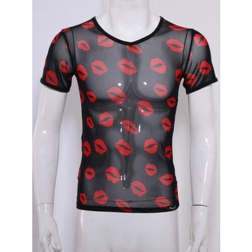 Tee Shirt Tops Mens See-through Mesh Lip Print T-shirt Fitness V Neck Nightclub Stage Show Costume Wrestling Singlets Sheer Tops