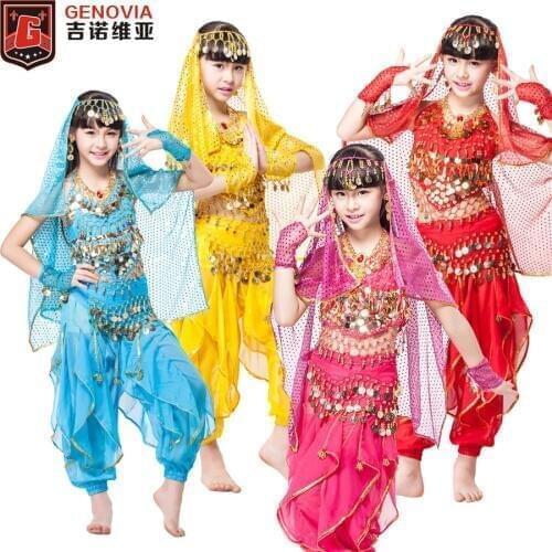 Belly Dance Indian Children Costume Set Top, Belt, Pants, Headpiece and Sleeves Bollywood Dance Costumes for Girls 5-piece