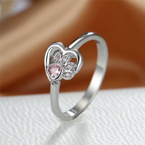 Cute Cat Paw Dog Claw Ring White Zircon Pink Crystal Heart Stone Ring Dainty Hollow Silver Color Wedding Rings For Women Jewelry
