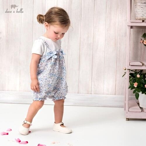 DBJ16493 dave bella summer new born baby girls fashion bow floral print jumpsuits infant toddler clothes children romper 1 piece