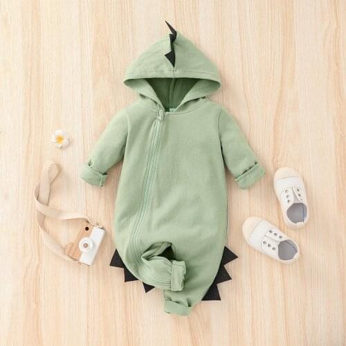 Newborn Baby Solid Cotton Casual Romper Cute Cartoon Dinosaur Long Sleeve Zip-up Hooded Jumpsuit for Spring Autumn