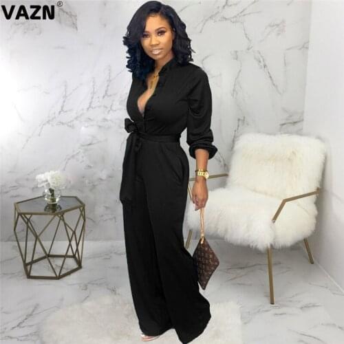 VAZN SMR9392 new office 2019 autumn sexy lady 3colors jumpsuit full sleeve V-neck jumpsuit sexy lady solid long jumpsuit