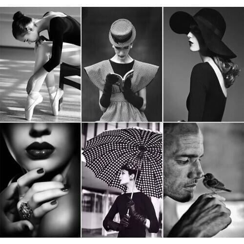 Full Square / Round Diamond Painting Elegant Lady Black and White Painting Rhinestone Mosaic Embroidery Home Decoration Gift