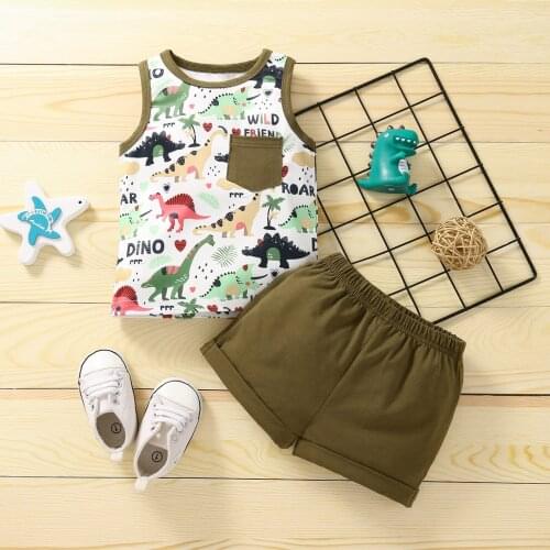 2Pcs Baby Summer Tracksuits, Cartoon Dinosaur Print Sleeveless Vest + Elastic Waist Shorts Baby Boys Girls Clothes 6M-3Y