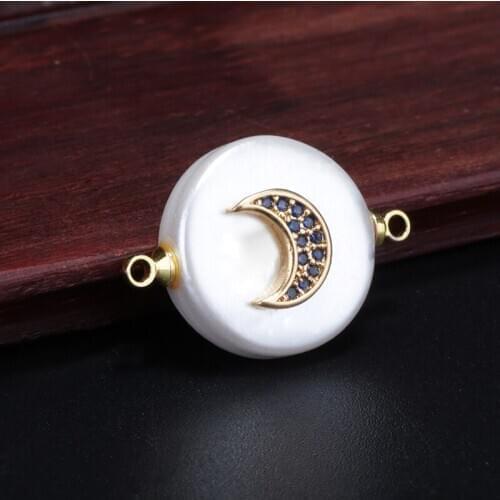 Micro pave moon Multi-color Zirconium charm round coin pearl bead connector for bracelet women jewelry DIY making