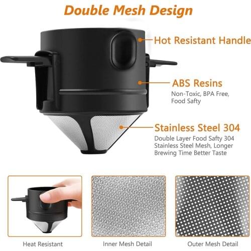 Pour Over Coffee Filter Portable Stainless Steel Reusable Drip Coffee Tea Holder Funnel Baskets For Home Offices Travel Camping