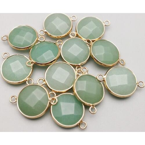 Fashion Natural aventurine stone pendants charms 16mm Connector for bracelets Jewelry Making gold rim 12pcs/lot wholesale