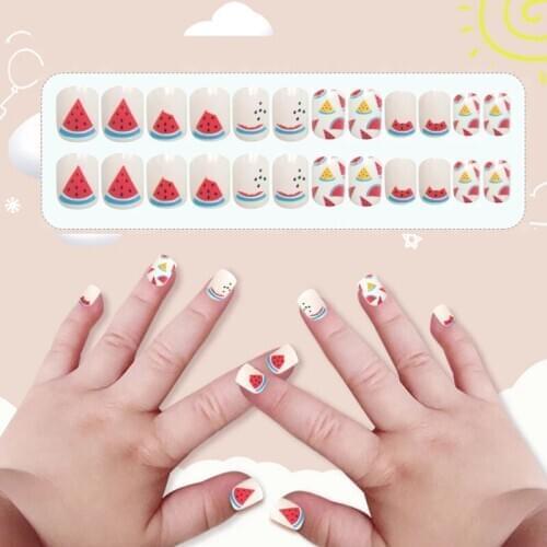 High Quality Full Cover Fake Nails for Kids 24pcs Cartoon Nail Short False Nails Adhesive Watermelon Design Nail Decorations
