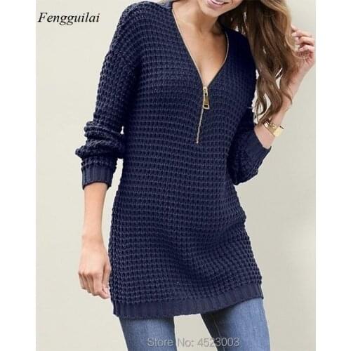 Autumn/winter Long Sleeve Sexy Womens V-Neck Knit Zip Dress Warm Sweater Dress Oversized Pure Color Mini Dress