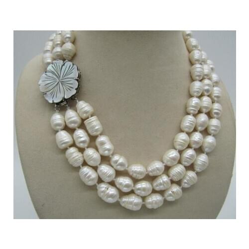 3 ROW 9-10MM NATURAL WHITE SOUTH SEA BAROQUE PEARL NECKLACE 17-19INCH