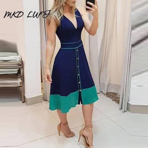 Colorblock Button Design Plunge Dress Women Sleeveless V Neck Slim Waist Midi Dress